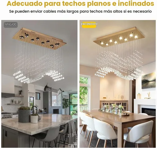 Vista 6 de Siljoy Candelabro de Cristal Rectangular Dorado para Comedor, 31.5'' Candelabro de Cristal Moderno con Gotas de Lluvia Onduladas, Lámpara Colgante