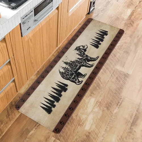 Vista 3 de Tapete de cocina, 1 unidad, diseño vintage de pino y oso, antifatiga, cómodo, de espuma viscoelástica, antideslizante, para puerta de baño