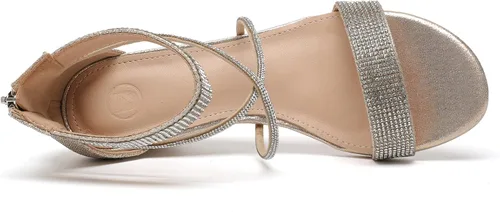 Vista 6 de DADAWEN Sandalias de cuña baja con diamantes de imitación y punta abierta para mujer, con correa en el tobillo, zapatos de tacón para fiesta o boda