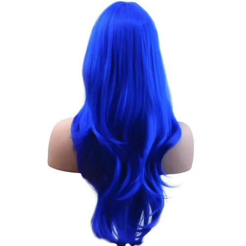 Vista 5 de Peluca de cosplay para mujeres con gorra, peluca de 28in largo y ondulado resistente al calor de AKStor, Azul