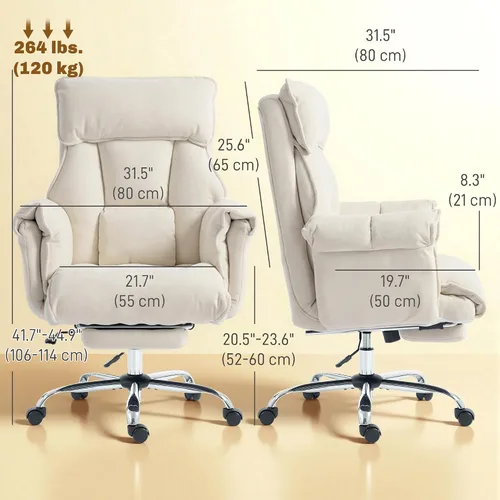 Vista 3 de HOMCOM Silla de escritorio cómoda reclinable con reposapiés, asiento extra Blanco crema