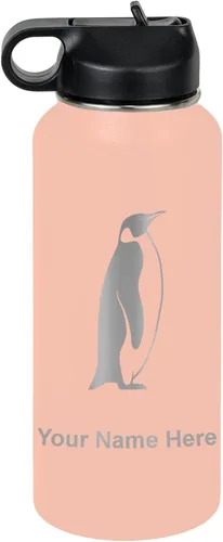 Vista 72 de LaserGram Botella de agua personalizada, pingüino, acero inoxidable de doble pared aislada al vacío con popote superior, regalo grabado