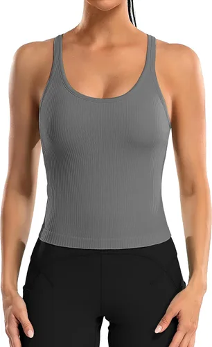 Vista 146 de ATTRACO Camiseta corta acanalada de entrenamiento para mujer con brasier integrado para yoga, espalda cruzada, ajuste ajustado