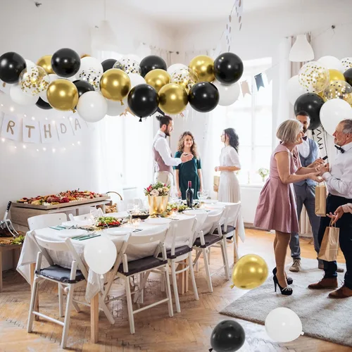 Vista 4 de 100 globos negros dorados y blancos con globos de confeti metálicos dorados y negros de 12 pulgadas para clase de graduación, decoración de fiesta