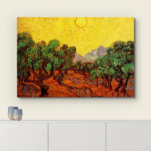 Vista 3 de Van Gogh - Lienzo con diseño giclée de olivos con cielo amarillo y sol, arte de pared de galería, estirado y enmarcado, listo para colgar, 24 x 36