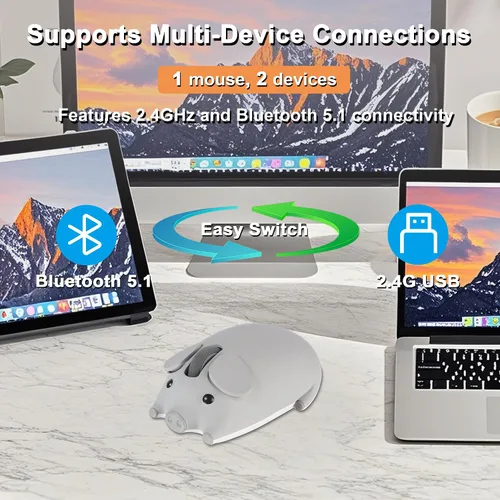 Vista 3 de Ratón inalámbrico Bluetooth con forma de cerdo de animal lindo 2.4G y Bluetooth Ratones de computadora de modo dual con receptor USB, portátil