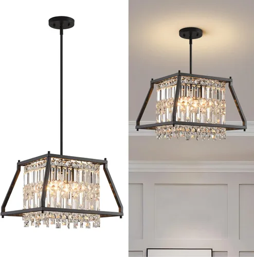 Vista 17 de LMQNINE Modernas lámparas colgantes negras para isla de cocina, lámpara de araña de cristal, iluminación colgante ajustable de granja para comedor