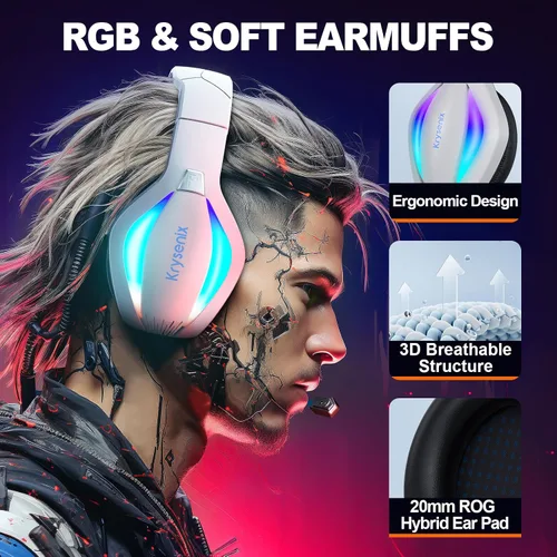 Vista 4 de Krysenix PG1 - Auriculares para juegos para PS4PS5PCXbox One, auriculares USB con sonido de micrófono estéreo AI, auriculares de computadora
