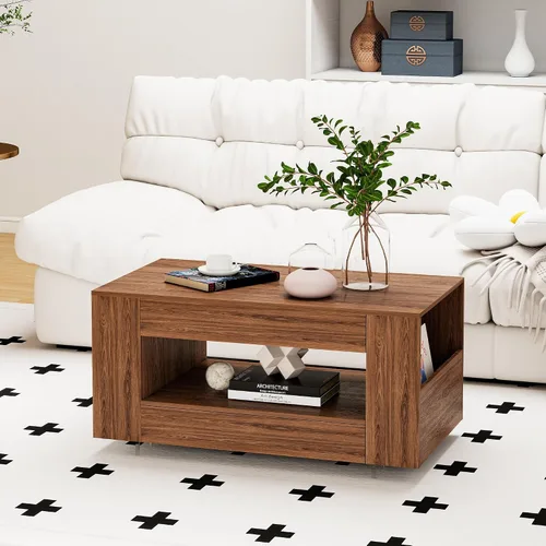 Vista 3 de Mesa de centro con estante abierto, mesa de cóctel moderna de alto brillo para sala de estar, dormitorio, oficina, acabado de grano de madera, marrón