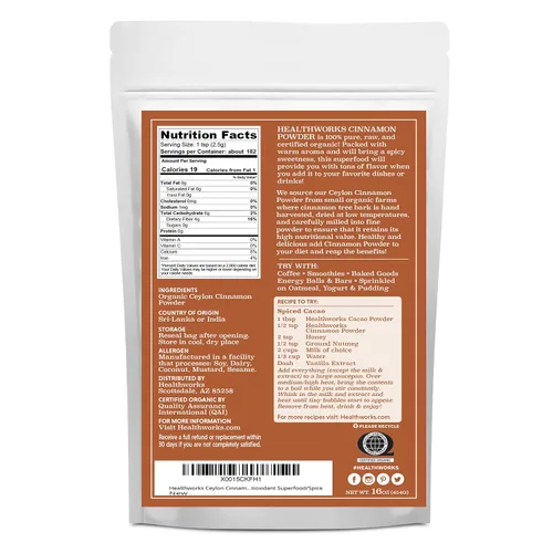 Vista 2 de Healthworks Superfoods - Canela orgánica en polvo de Ceilán - 16 onzas / 1 libra - Molida cruda - Keto, vegana y sin transgénicos - Ideal para café