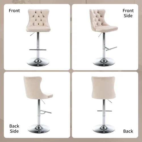 Vista 7 de Juego de 2 taburetes de bar de terciopelo beige, sillas de bar giratorias ajustables con respaldo