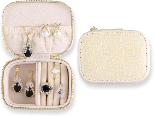 Vista 3 de YMQAHWY Estuche de viaje de joyería, caja organizadora de joyas de viaje, almacenamiento portátil de joyas para mujer, anillos, aretes, collares