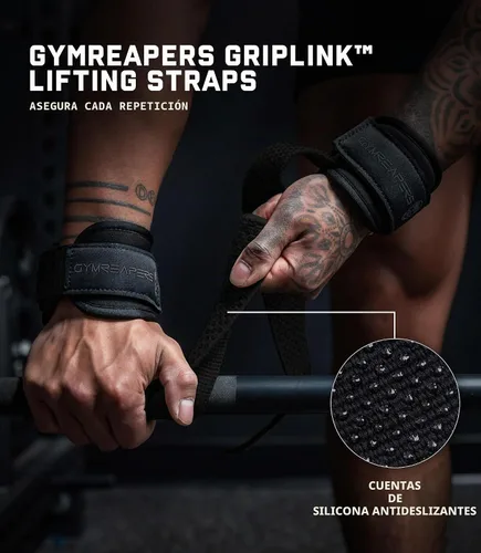 Vista 2 de Gymreapers Correas de elevación GripLink: correas de muñeca resistentes con anillo en D con cuentas de agarre de silicona antideslizantes, soporte
