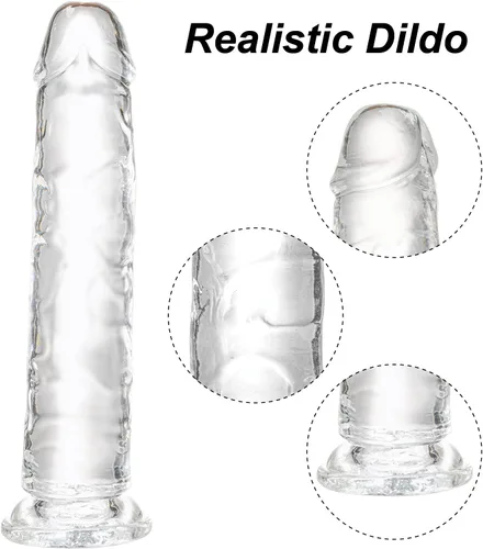 Vista 4 de Consolador realista de 7.1 pulgadas, consolador transparente con fuerte ventosa para jugar con manos libres, material suave, juguetes sexuales