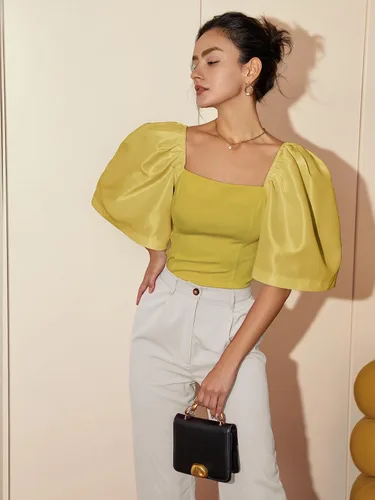Vista 3 de Floerns Blusa corta elegante de manga corta abombada con cuello cuadrado para mujer