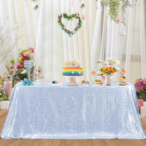 Vista 2 de Mantel de lentejuelas plateadas, mantel rectangular de 50 x 102 pulgadas, mantel rectangular de lentejuelas y tela satinada para fiestas, bodas