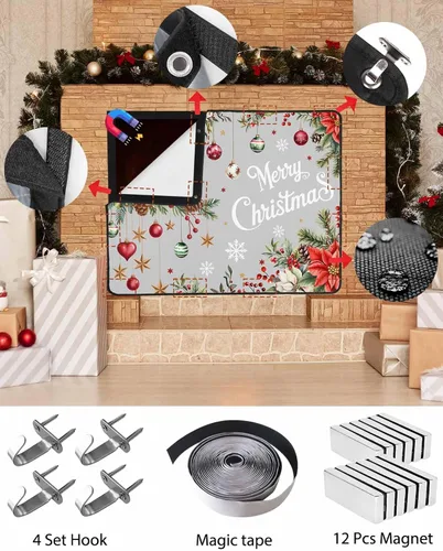 Vista 50 de Cubierta magnética azul para chimenea, detiene la pérdida de calor, pantalla de chimenea para interiores, bolas de gnomos de Navidad, árbol de copo