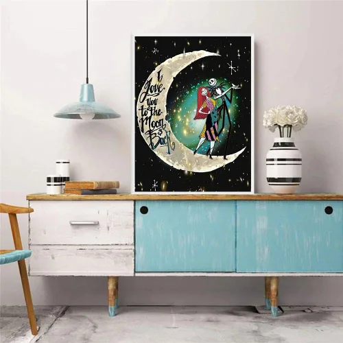 Vista 2 de honrtreb - Pintura de diamante 5D para adultos, kit de pintura de diamantes Jack y Sally con luna, kit de arte redondo de diamantes de taladro