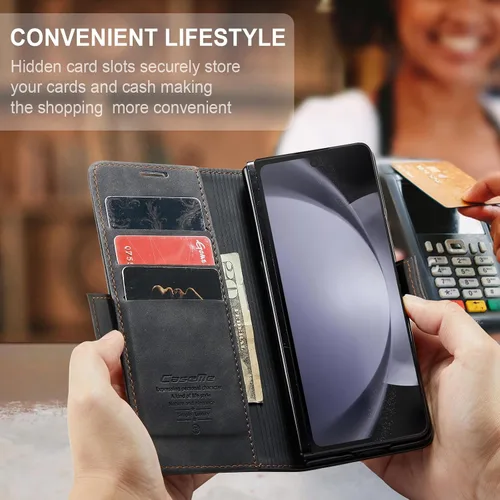 Vista 5 de CaseMe - Funda tipo cartera para Samsung Galaxy Z Fold 5, hecha a mano con cierre magnético de piel retro duradera, con cierre magnético