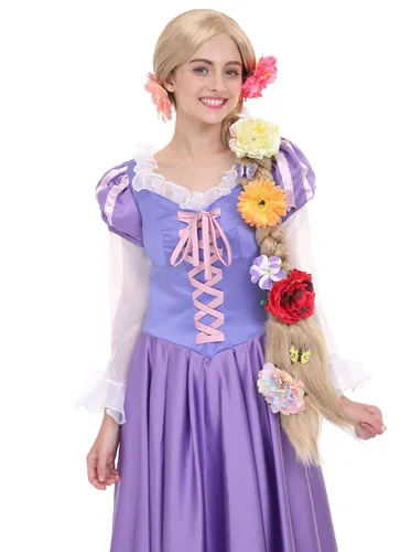 Vista 4 de Angelaicos Peluca de rapunzel para mujer con trenzas largas de 47 pulgadas de largo, con 10 flores