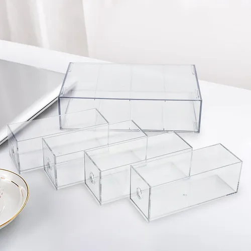 Vista 5 de Paquete de 3 cajones de almacenamiento de acrílico apilables, organizador de escritorio, cajas de almacenamiento de cosméticos transparentes, diseño