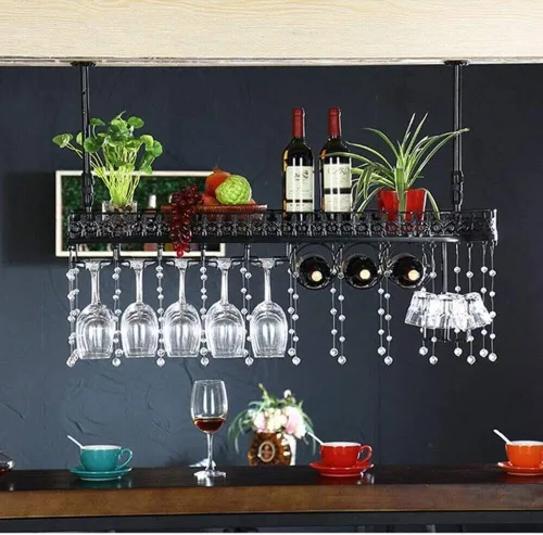Vista 3 de Wall-Mounted Wine Rack 100x35cm, Metal Wine Bottle & Glass Holder with Shelf, Vintage Bar Storage Organizer(80x35cm)