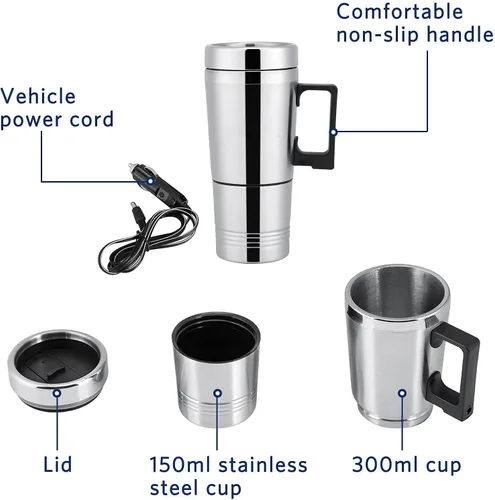 Vista 7 de Hervidor de té eléctrico para automóvil, de 10.1 fl oz, 24 V, portátil, de acero inoxidable, calentador de agua para automóvil, taza de calefacción