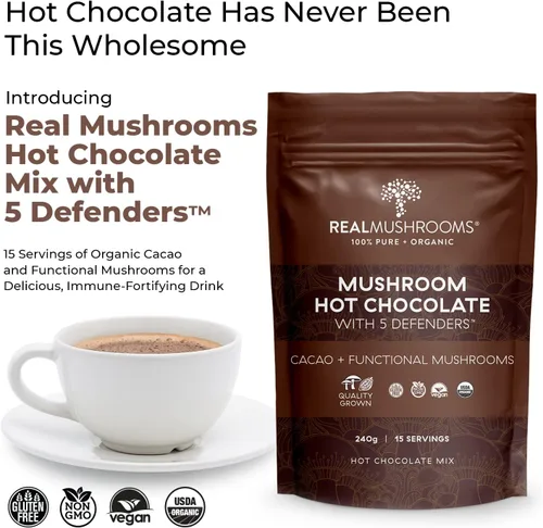 Vista 4 de Real Mushrooms Mezcla de chocolate caliente (15 porciones) y Cordyceps (60 porciones) en polvo – Suplemento en polvo de hongos para energía