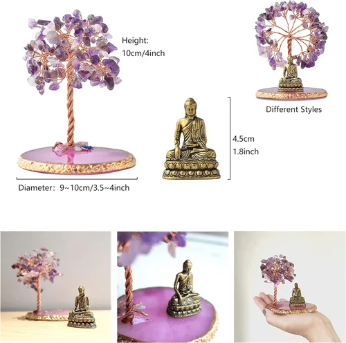 Vista 4 de Estatua de Buda con Árbol de Cristal Sanador, Árbol de la Vida para Energía Positiva. Decoración del Hogar para Yoga y Meditación. Amatista.(A)