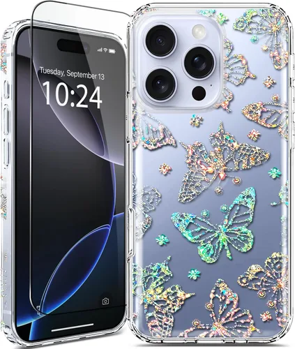 Vista 10 de Funda para iPhone 16, con protector de pantalla, linda para mujeres y niñas, funda protectora de grado militar de 10 pies para iPhone 16, funda