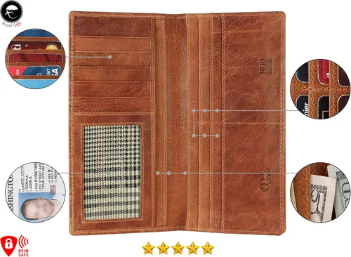 Vista 3 de Mou Meraki Cartera larga plegable de piel auténtica para hombre con bloqueo RFID