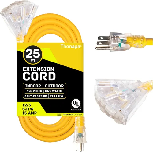 Vista 11 de THONAPA SJTOW - Cable de extensión resistente de 25 pies con 3 tomas, resistente al aceite, calibre 12, con múltiples tomas de corriente de 3 Negro