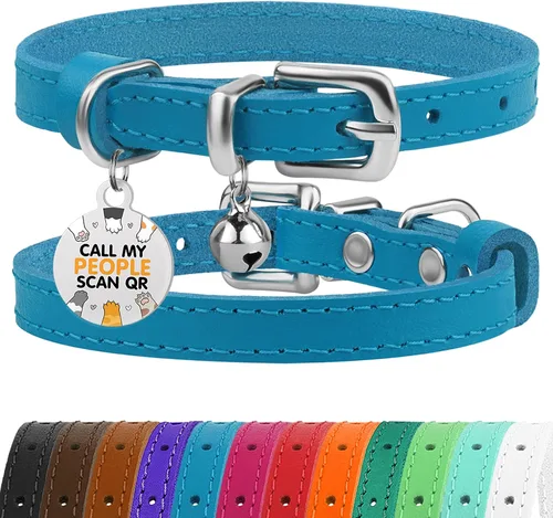 Vista 34 de BRONZEDOG Collar de cuero para gato con campanas extraíbles sin liberación rápida, etiqueta QR para gatito para niña y niño