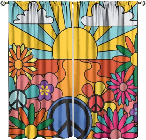 Vista 17 de Cortina de Ventana de Mediados de Siglo con Explosiones de Estrellas, Cortinas con Estampado de Inspiración Atómica para Sala de Estar Dormitorio