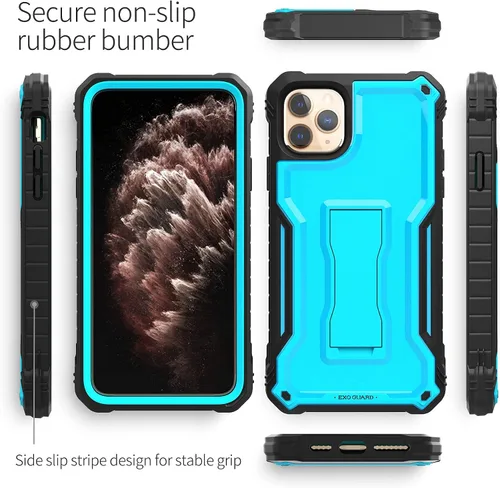 Vista 4 de ExoGuard Funda para iPhone 11 Pro Max, funda de goma a prueba de golpes de cuerpo completo, protector de pantalla integrado con soporte para iPhone