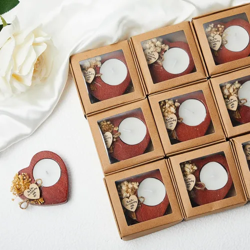 Vista 7 de 12 velas de boda con forma de corazón de madera rústica, regalos de agradecimiento para aniversario de invitados, decoración de fiesta de compromiso