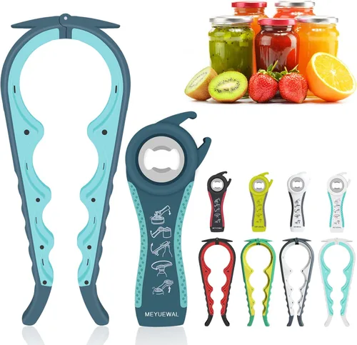 Vista 8 de MEYUEWAL Abrelatas 5 en 1 multifuncional con mango de silicona para botellas, frascos y latas, fácil de usar para niños, ancianos y enfermos de Azul