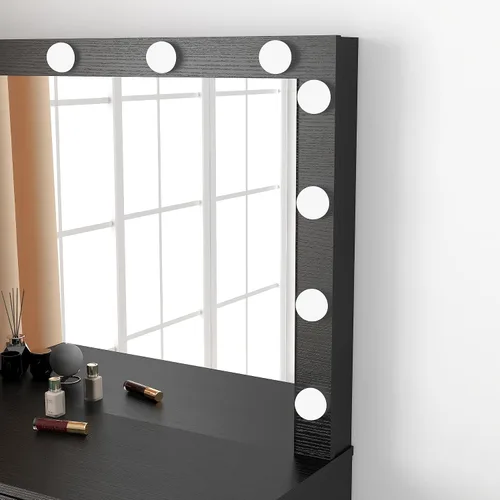 Vista 5 de Panana Escritorio de tocador con espejo y luces, negro, tamaño mediano, soporte de mesa, mesa de tocador de maquillaje con taburete, dormitorio