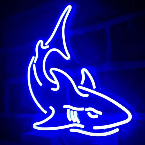 Vista 2 de Letrero de neón de tiburón, luces de neón azules para decoración de pared, letrero de neón LED de tiburón, letreros de neón regulables