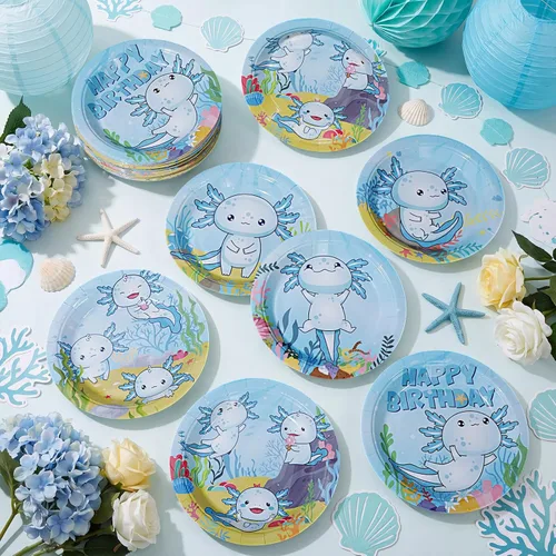 Vista 6 de Gerrii 60 platos de papel para fiesta de cumpleaños de ajolote azul de 7 pulgadas, decoraciones de ajolote azul, platos desechables para cenas