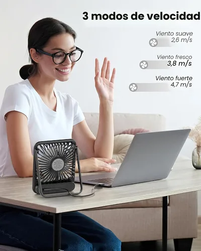 Vista 6 de Koonie - Ventilador de escritorio USB, viento fuerte, ultra silencioso, pequeño ventilador personal con inclinación plegable de 180° y 3 velocidades