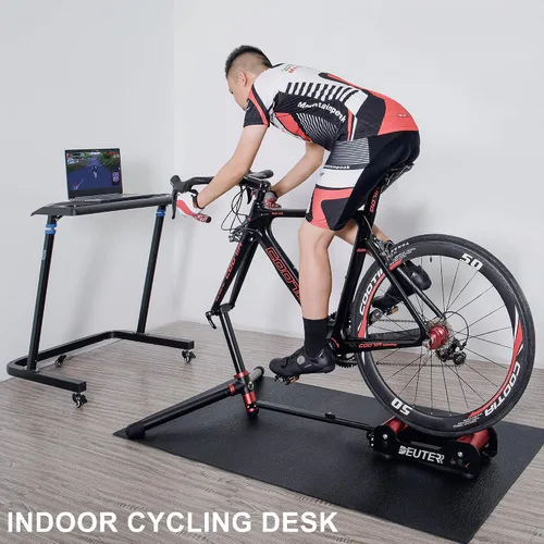 Vista 2 de CXWXC Indoor Cycling Desk - Adjustable Height Bike Deak Laptop Stand Non-Slip Surface - Portable Bike Trainer Fitness Desk with Lockable Wheels