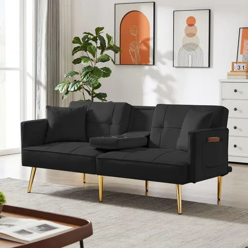 Vista 3 de Moderno sofá cama biplaza de terciopelo con 2 bolsillos, sofá cama convertible tapizado con respaldo múltiple ajustable, futón con patas doradas