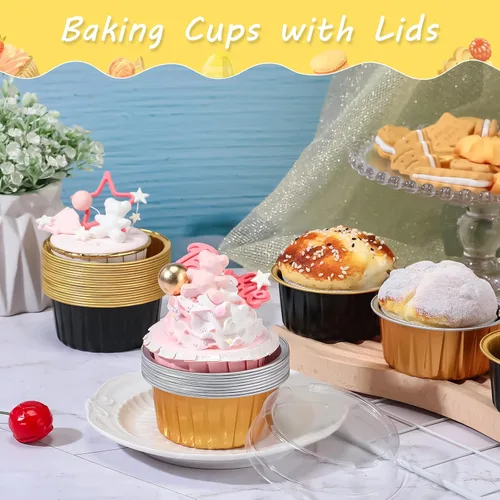 Vista 6 de 200 tazas de papel de aluminio para hornear cupcakes de 4.2 onzas, moldes desechables para cupcakes, moldes de postre con tapas, mini recipientes