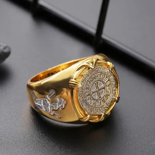 Vista 5 de Anillo de caballero templario para hombre, anillo de cruz medieval chapado en oro para niños