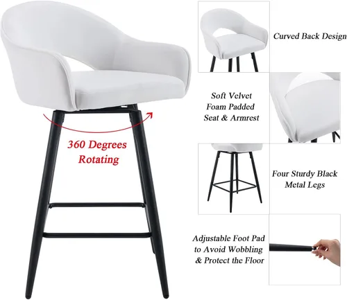 Vista 6 de DUOMAY Juego de 2 taburetes de bar giratorios, modernos taburetes de altura de mostrador de 26 pulgadas, silla de isla de cocina tapizada de Blanco
