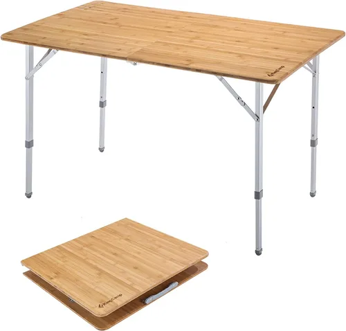 Vista 11 de KingCamp Mesa de Bambú Plegable Mesa de Camping Ecológica con Patas de Aluminio de Altura Ajustable Resistente 4 Pliegues Mesas de Campamento