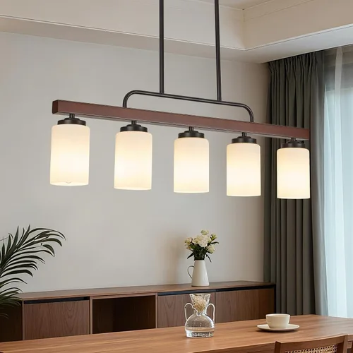 Vista 10 de Lámpara de Comedor Estilo Granja Sobre Mesa, Iluminación de Isla de Cocina de Madera Negra de 4 Luces con Vidrio Blanco Leche, Luces Colgantes
