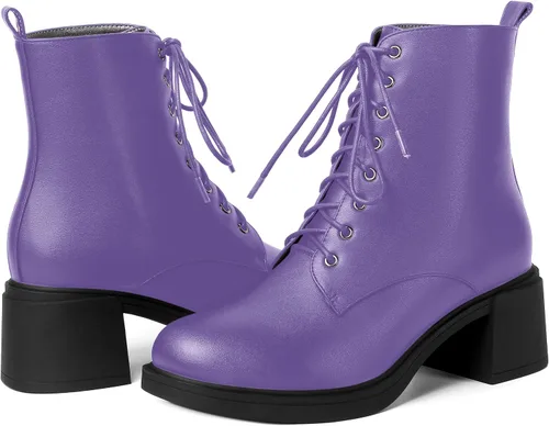 Vista 27 de ROSERWISH Botas altas de tacón bajo y grueso para mujer, con cordones, cómodas, modernas, con puntera redonda, de 2.5 pulgadas