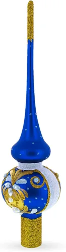 Vista 2 de Perlas blancas con hojas doradas en cristal azul para árbol de Navidad de 11 pulgadas